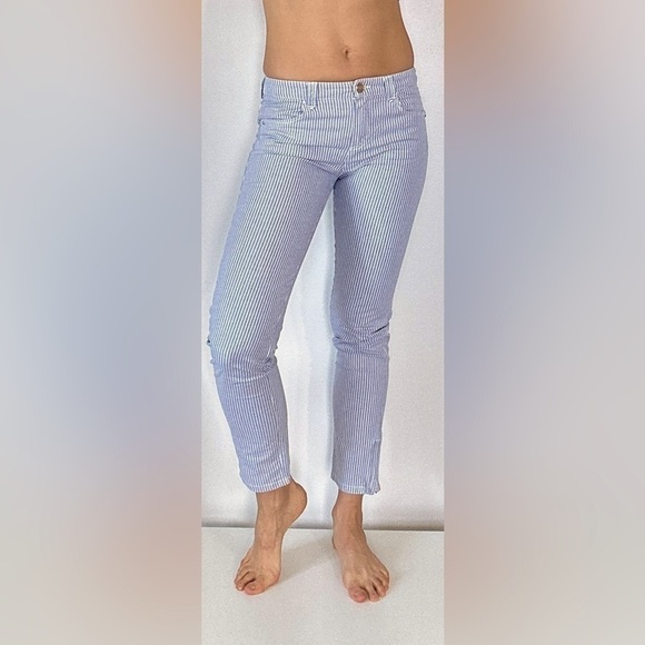MASSIMO DUTTI WOMEN SLIM FIT CROPPED MIDWAIST TROUSERS blue and white stripes 4 - Picture 1 of 9